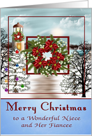 Christmas to Niece and Fiancee, snowy lighthouse scene, wreath card