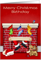 Birthday on Christmas with Cute Animals Waiting on Santa Claus card