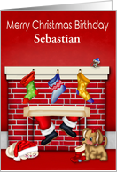Birthday on Christmas Custom Name with Animals Waiting on Santa Claus card