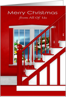 Christmas from All Of Us, staircase with a window holiday scene on red card