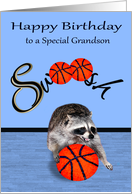 Birthday to Grandson with a Cute Raccoon Playing Basketball on Blue card