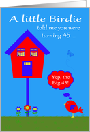 45th Birthday, humor, a cute bird with a talk bubble by bird house card
