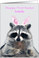 Easter, Baby’s First, custom name, a cute raccoon with bunny ears card