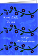 Good Luck, with A2 Level exams, custom name, stems of flowers on blue card