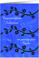 Congratulations on passing finals, custom name, stems of flowers, blue card