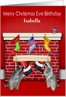 Birthday on Christmas Eve, custom name, raccoons with Santa Claus card