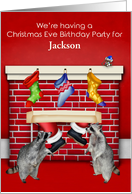 Invitations to Christmas Eve Birthday Party, custom name, raccoons card