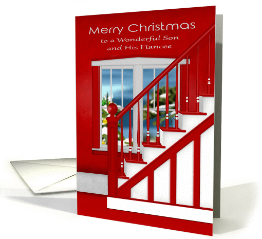 Christmas to Son and Fiancee, a staircase with a holiday... (1395864)