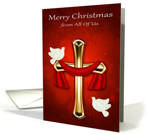 Christmas from All Of Us, religious, white doves with a red cross card