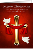 Christmas to Pastor and Husband with White Doves and a Red Cross card