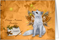 Birthday in Autumn, Fall to Cousin, beautiful mystical fox with wings card