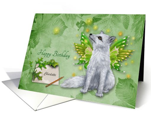 Birthday, custom name, beautiful mystical fox with wings on green card