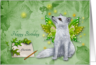 Birthday, custom name, beautiful mystical fox with wings on green card