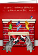 Birthday on Christmas to Birth Mom, raccoons with Santa Claus, red card