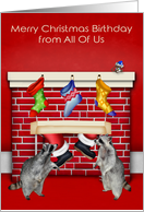 Birthday on Christmas from All Of Us, raccoons with Santa Claus on red card