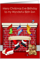 Birthday on Christmas Eve to Birth Son with Animals and Santa Claus card