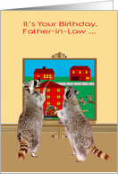 Birthday to Father-in-Law, two adorable raccoons painting the town red card