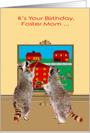 Birthday to Foster Mom, adorable raccoons painting the town red card