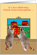 Birthday to Great Granddaughter, two raccoons painting the town red card