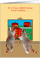 Birthday to Twin Sister, two adorable raccoons painting the town red card