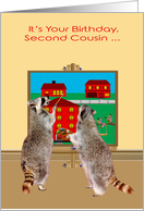 Birthday to Second Cousin, two adorable raccoons painting the town red card