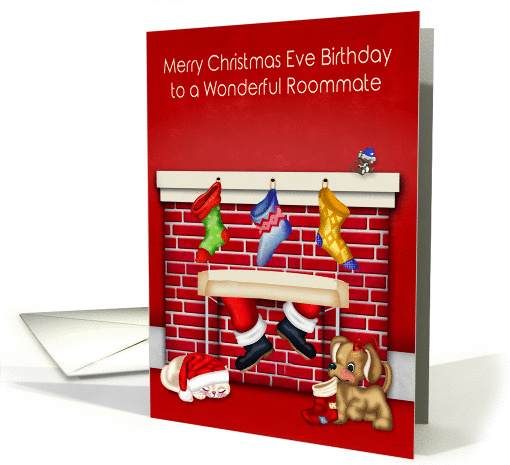 Birthday on Christmas Eve to Roommate, animals with Santa Claus card