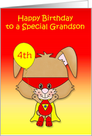 Birthday to Grandson, custom age, super bunny with a mask and balloon card