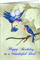 Birthday to Dad, two beautiful blue birds with polka dot balloons card