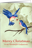 Christmas to Godparents, two beautiful blue birds with a red ornament card
