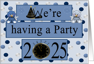 Invitation to New Year’s Party 2025 with Owls on a Blue Polka Dots card