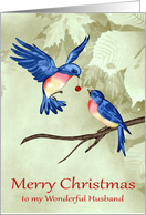 Christmas to Husband, two beautiful blue birds with red a ornament card