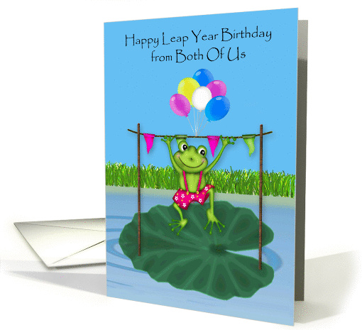 Leap Year Birthday from Both Of Us, frog leaping over wooden bar card