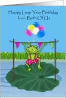 Leap Year Birthday from Both Of Us, frog leaping over wooden bar card