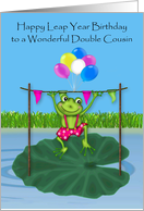 Leap Year Birthday to Double Cousin, frog leaping over a wooden bar card