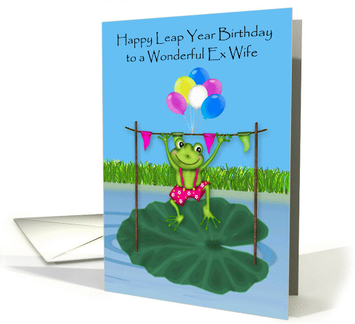 Leap Year Birthday to Ex Wife, frog leaping over a wooden bar card