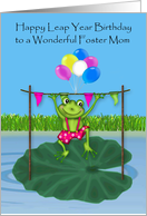 Leap Year Birthday to Foster Mom, frog leaping over a wooden bar card