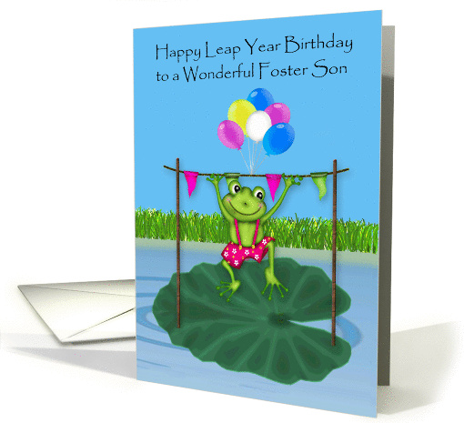 Leap Year Birthday to Foster Son, frog leaping over a wooden bar card