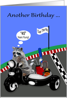 45th Birthday, over the hill humor, adorable raccoon driving a scoote card