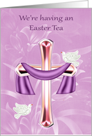 Invitations, Easter Tea, Religious, cross with white doves, flowers card