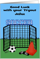 Good Luck, Tryouts, Soccer, custom name, net with cone, ball, blue card