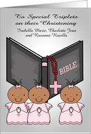 Congratulations, Christening, dark-skinned triplet girls, custom name card