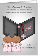 Congratulations, Christening, dark-skinned twin girls, custom name card