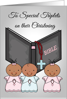 Congratulations, Christening, dark-skinned triplets, 2 girls and 1 boy card