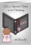 Congratulations, Sister for Christening, dark-skinned girl on pink card