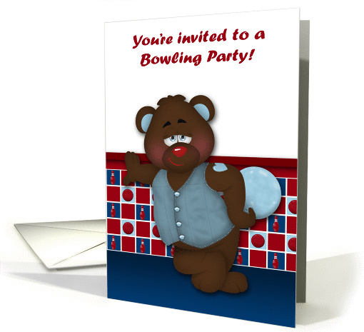 Invitations, bowling party, general, adorable bear holding a ball card