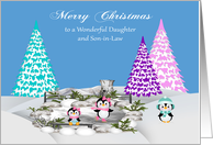Christmas to Daughter and Son-in-Law, adorable penguins, ice, snow card