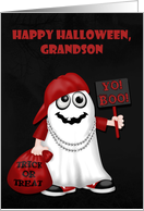 Halloween to Grandson with a Rapper Ghost Holding a Bag of Treats card