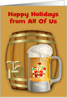 Happy Holidays from All Of Us, a decorated mug of beer with a mini keg card