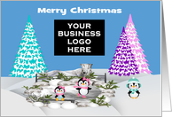 Christmas, business custom logo, adorable penguins on ice and snow card