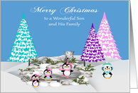 Christmas to Son and Family with Adorable Penguins on Ice and Snow card